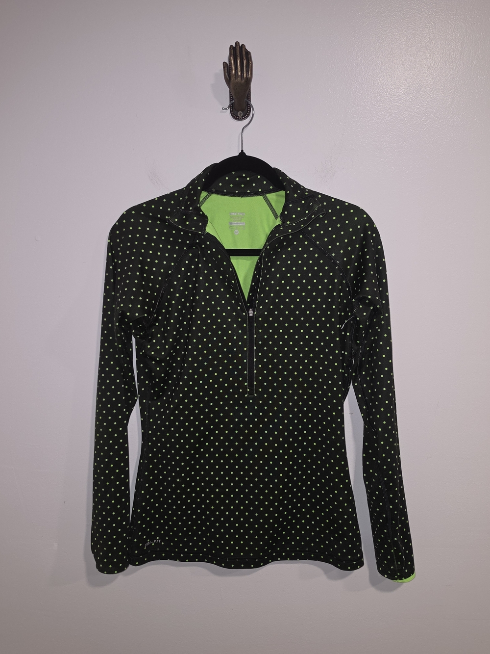 Nike Pro Long Sleeve Half-Zip Performance Top Black With Lime Green Dots Size M